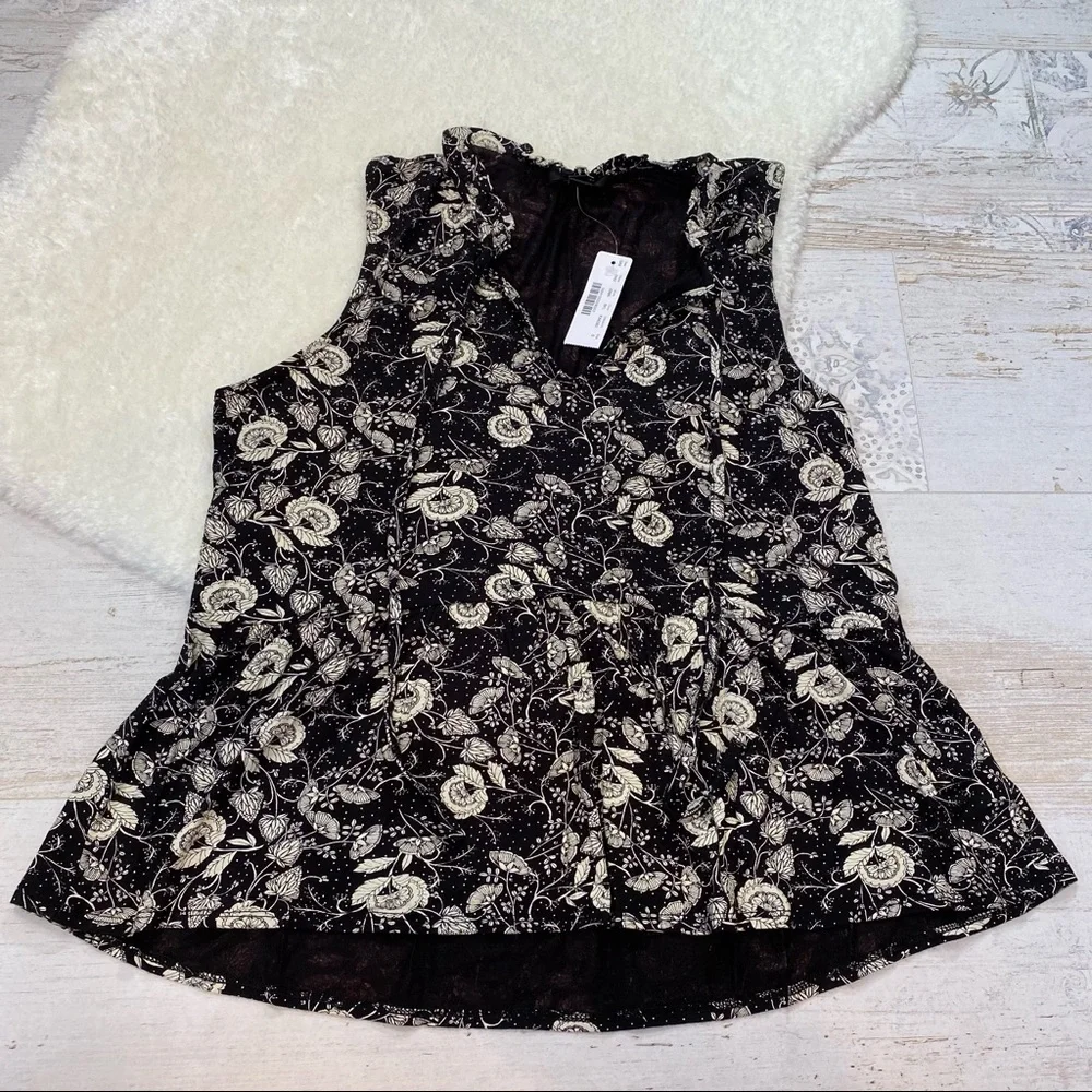J. Crew Black and White Floral Print V Neck Peplum Top